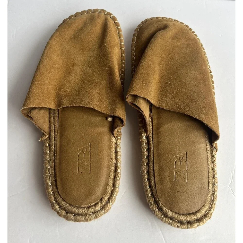 ZARA Men's Suede Espadrille Slide Sandals Brown Tan EU 43